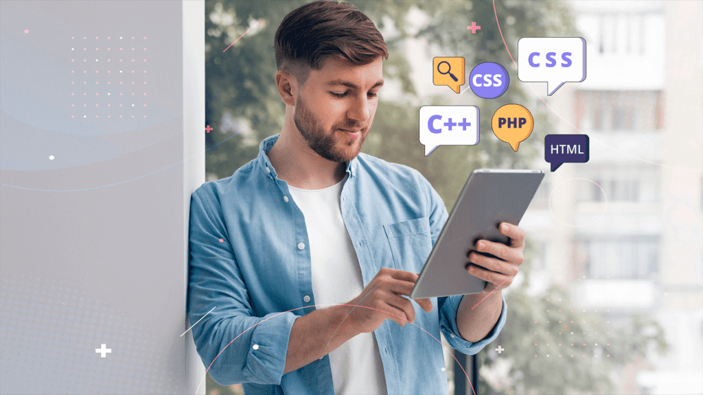 Man looking at his tablet, with a lot of languages illustrations, symbolizing the best web development languages.
