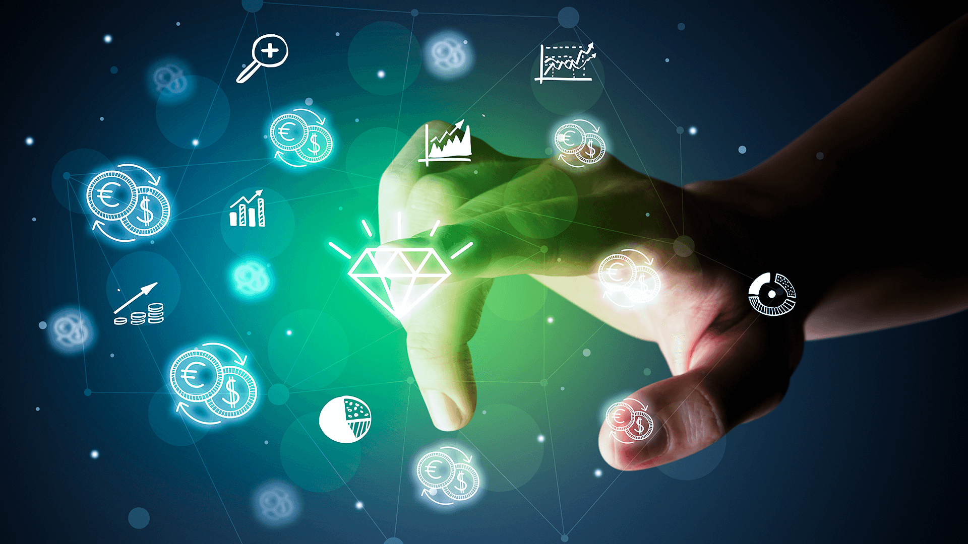 Green image with different elements, symbolize the customer experience in banks and fintechs.