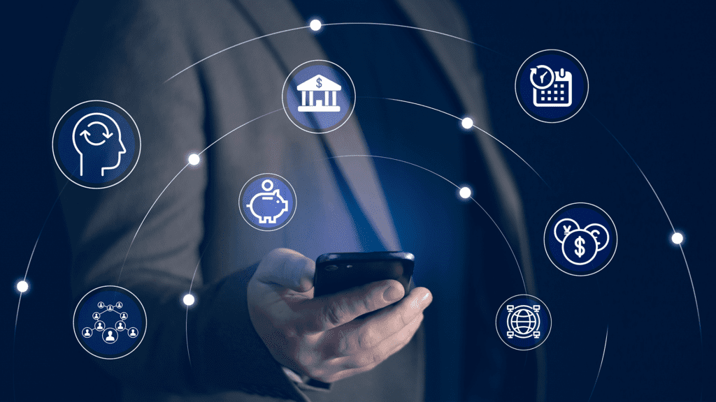 Man's hands with a smartphone symbolize banking maturity.