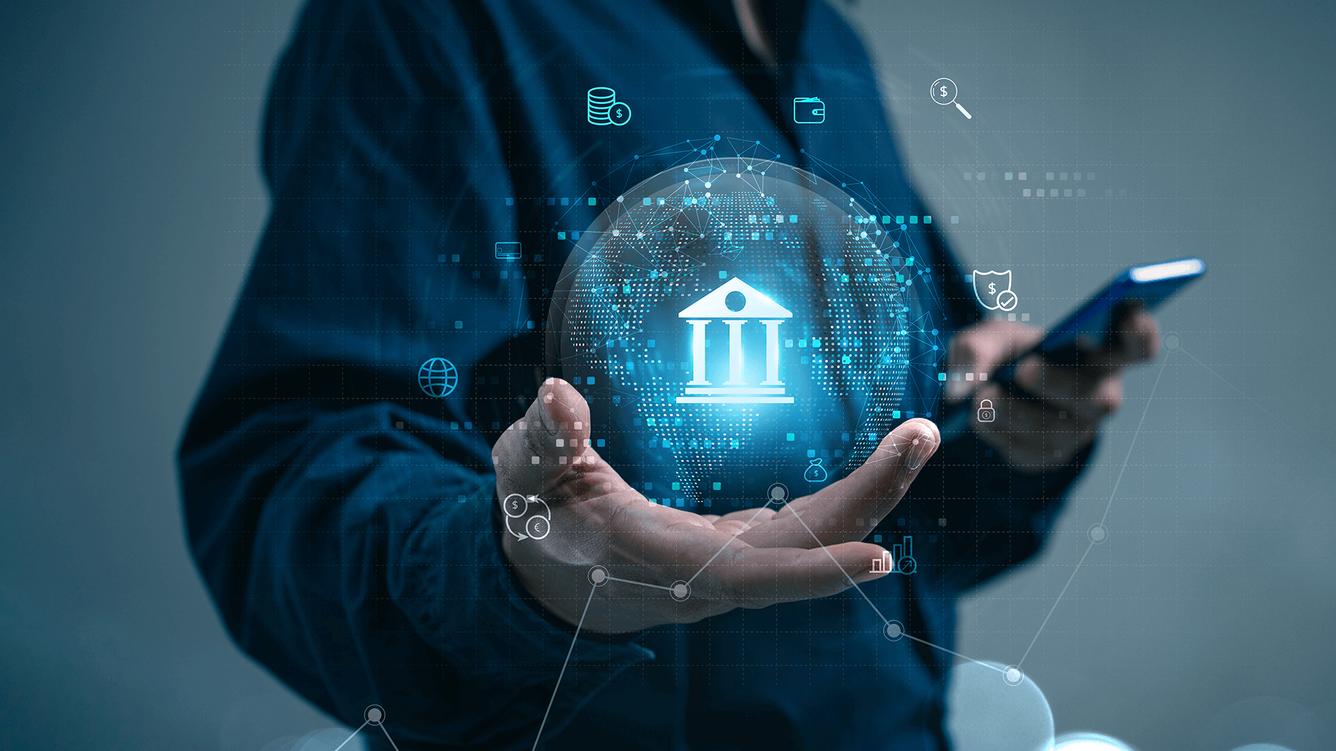 Man's hands symbolize banking maturity.
