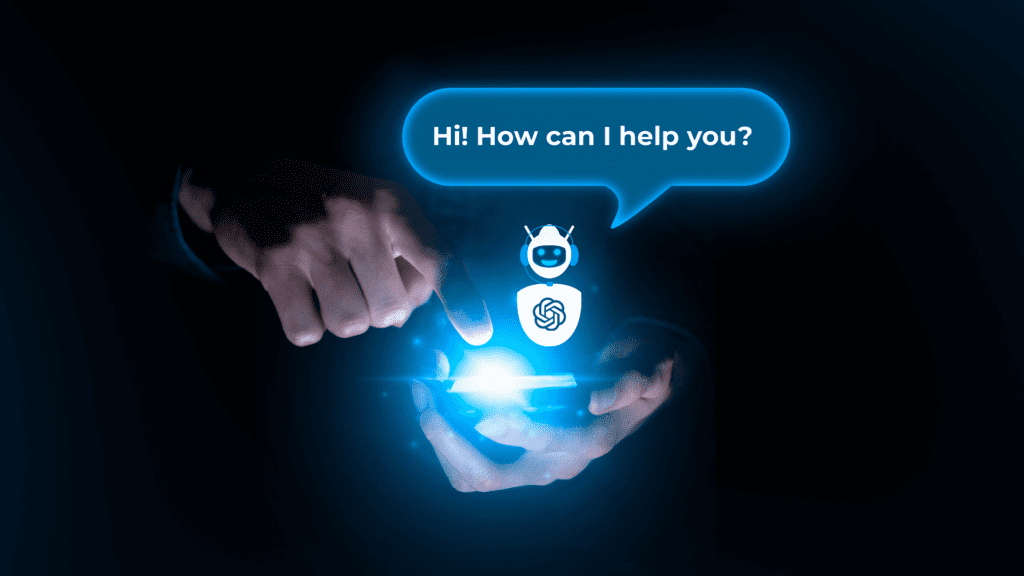 Robot with a balloon "Hi! How can I help you" ChatGPT Applications.