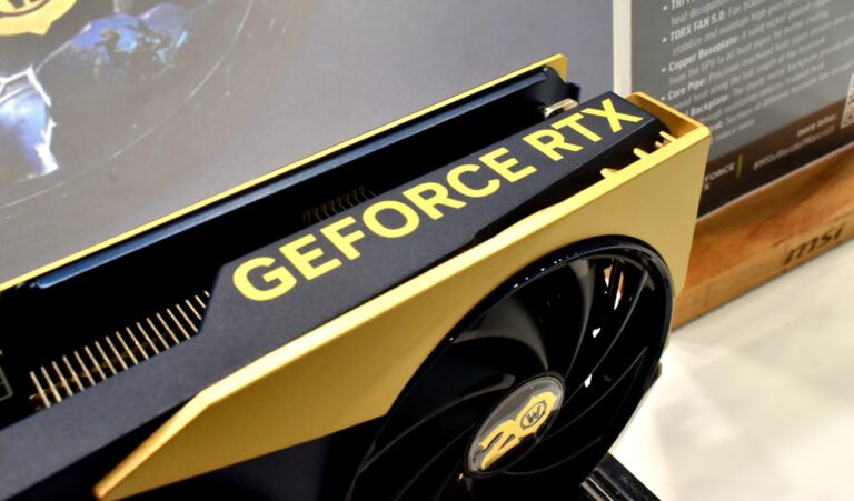 Nvidia GeForce RTX graphics card with gold accents — enterprise GPU hardware for AI compute infrastructure